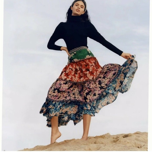 NWT Anthropologie Bhanuni by Jyoti Anarosa Tiered Maxi Skirt Floral Boho 4 $158